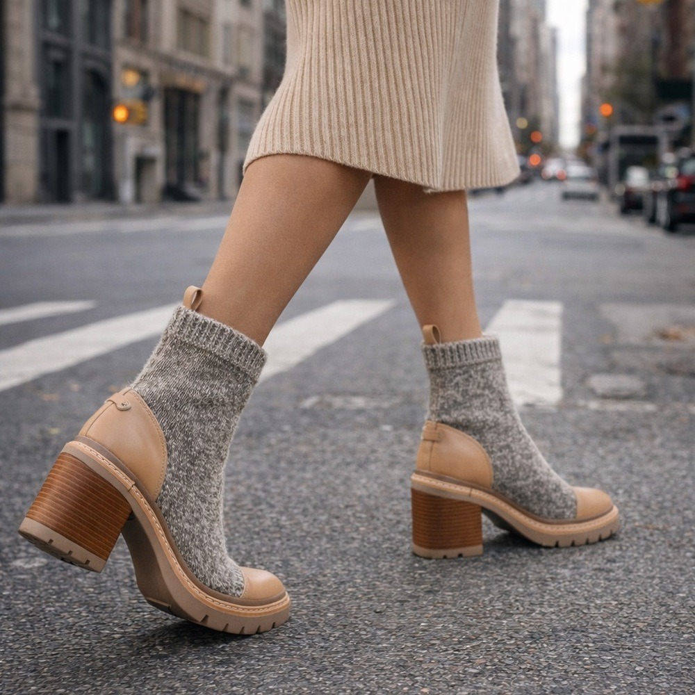 Sam Edelman Rozanna Cloud Knit Lug Sole Sock Boots Grey Tan I8245M3901 Size 8.5 - Picture 2 of 5